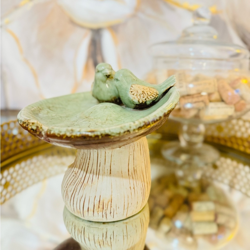 VTG Majolica Style Glazed Bird Green Mushroom Ceramic Art Pottery Tray Bird Bath